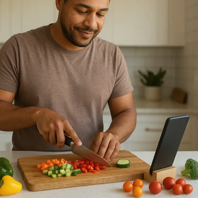 A phone propped hands-free on a stand beside the cutting board while someone chops vegetables at the counter.