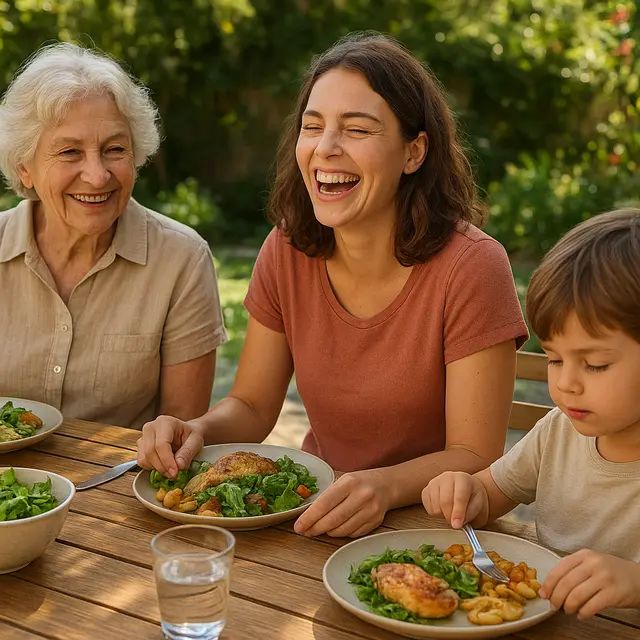 Three generations of a family sharing a sunny outdoor lunch together at a backyard patio table, no phones in sight.