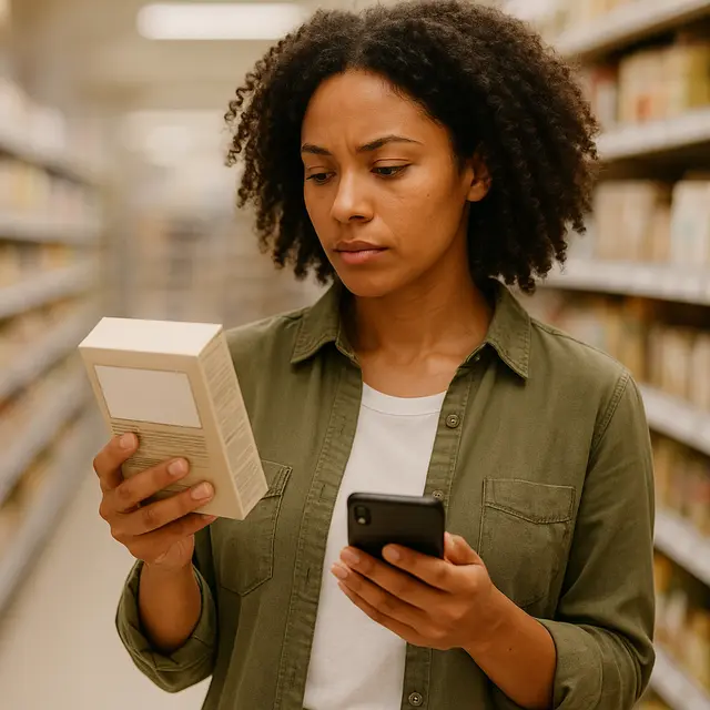 A shopper in a grocery aisle reading the nutrition label on a packaged food item, phone in their other hand.